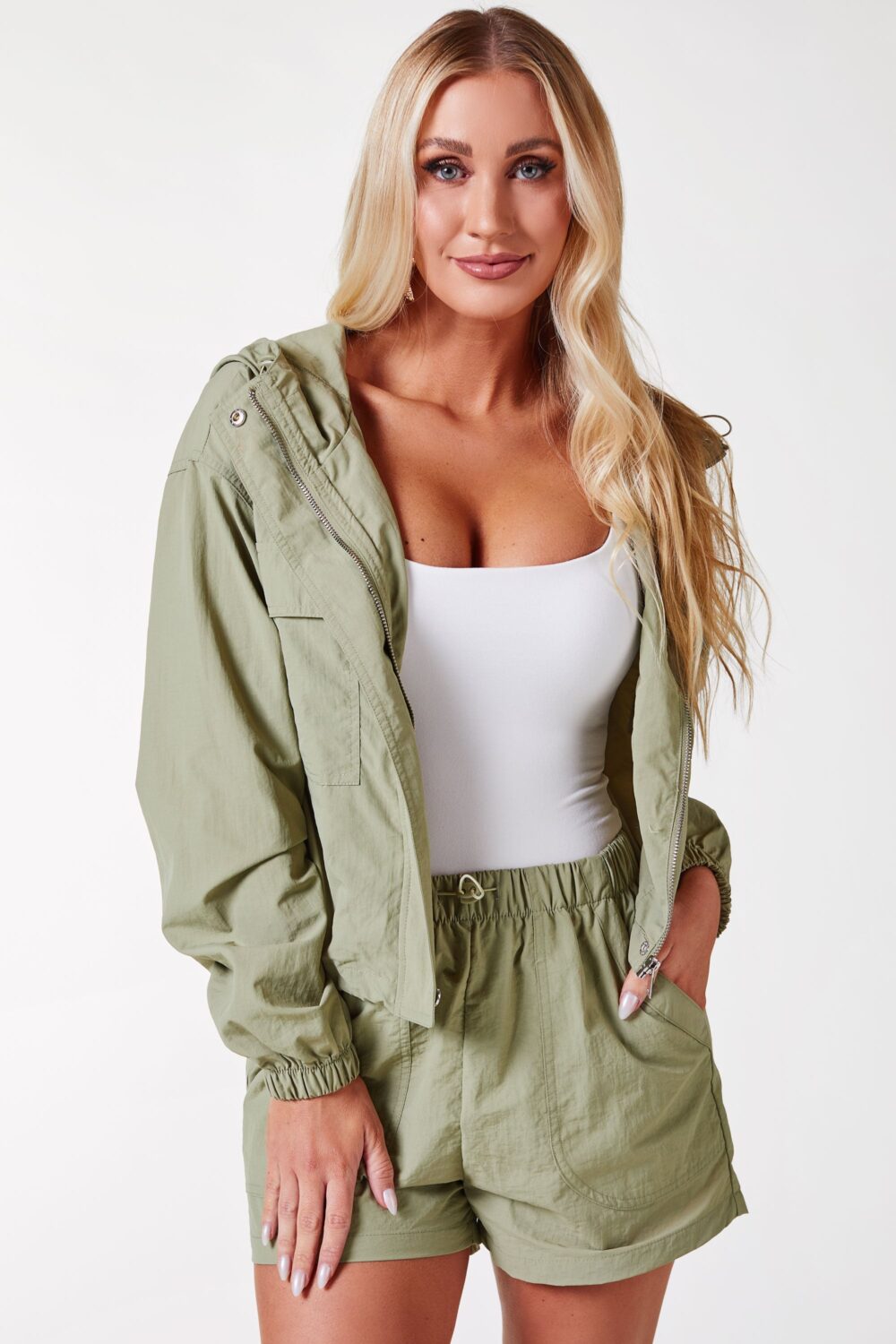 Cambria Olive Windbreaker Shorts and Jacket Set